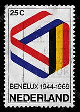 Stamp printed in the Belgium shows Mobius Strip in Benelux Colors