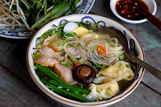 Vietnam food, egg noodle soup with wontons