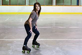 Woman using derby style quad roller skates