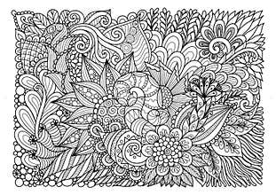 Abstract floral lineart for background and adult coloring book page. Vector illustration