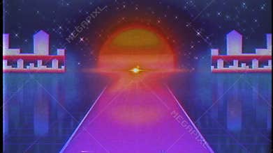 Retro Futuristic, Flight over the road, 80s Retro Sci-fi.