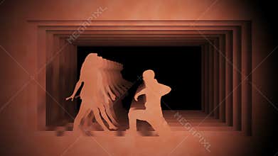 Ballet dancers acting against background of paper tunnel