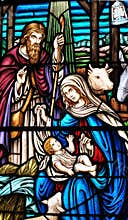 Stained galss window of birth of Jesus