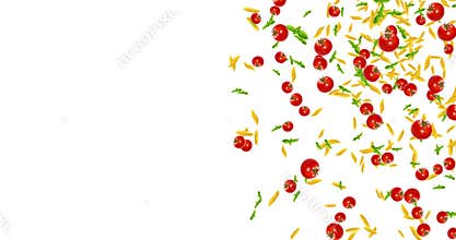 Italian pasta, tomato and basil falling down on white background with space for text, loop seamless. 4K and 1080 resolution
