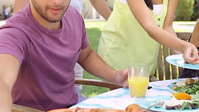Group Of Friends Having Party In Backyard At Home