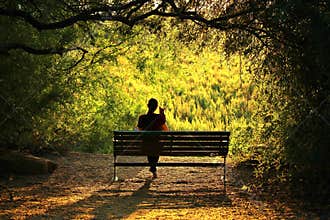 Woman with Dog Sitting on a Bench