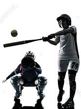 Women playing softball players silhouette isolated