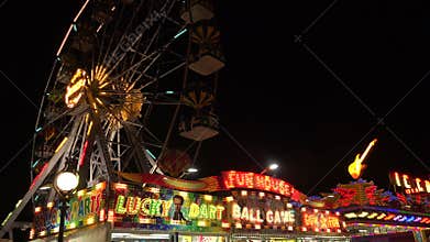 Ferris wheel in bright lights. Golden Sands. Resort in Bulgaria. 4K.