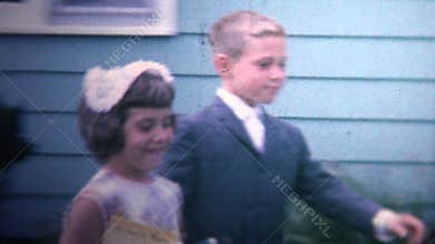 (8mm Vintage) 1966 Dressed Up Children Going To Church