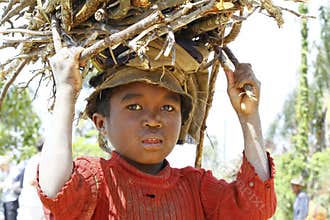 Poor malagasy boy carrying branches on his head
