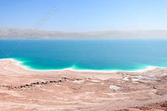Aerial view Dead Sea coast landscape with therapeutic curative mud