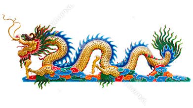 Chinese golden dragon statue isolate on white background.