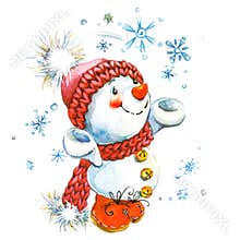 New year snowman. and Christmas decoration. watercolor illustration