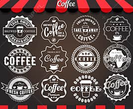 White set of round vintage retro coffee labels and badges on blackboard