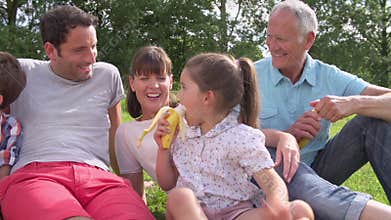 Multi Generation Family Enjoying Picnic In Countryside