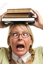Overwhelmed Woman Carries Stack of Books on Head
