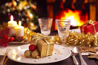 Christmas table with fireplace and Christmas tree in the backgro