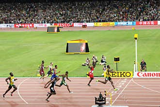 Usain Bolt powering to the finish line to win 200 metres title at the IAAF World Championships Beijing 2015