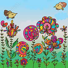 Flower bird fly card drawing