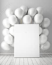 Mock up poster in interior background with white balloons,