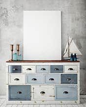 Mock up poster frame with on vintage chest of drawers, hipster interior background