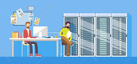 People Working Data Center Technical Worker Man Administrator Sitting Desk Hosting