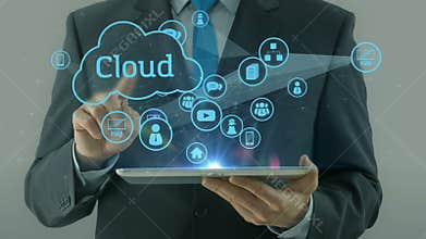 Business man pointing on cloud network media concept tablet pad