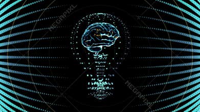 Bulb with a brain inside, concept design in blue. digital animation.