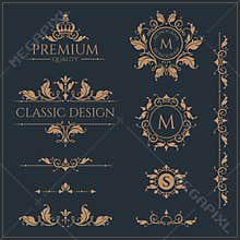 Set of monograms and borders. Graphic design pages.