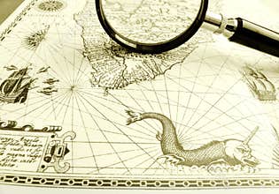 Old Ancient sea chart, magnifier