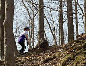 Mature woman hiking in the fall woods with bare trees