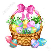 Easter basket with color painted easter eggs on white