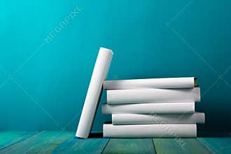 Stack of colorful books, grungy blue background, free copy space
