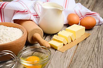 Ingredients for baking - milk, butter, eggs and flour.