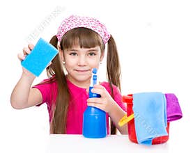 Girl with a washcloth and tools ready to clean house. Isolated