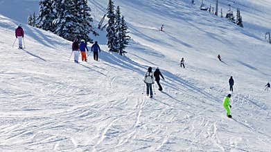 Many People Skiing Down Slope