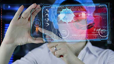 Doctor with futuristic hud screen tablet. Bacteria, virus, microbe.