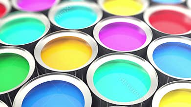 Cans paint, group of tin metal cans with color paint dye, loop-able. 3d animation