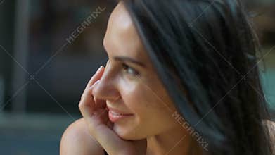 Beautiful young woman posing on camera Portrait of business woman smiling outdoor