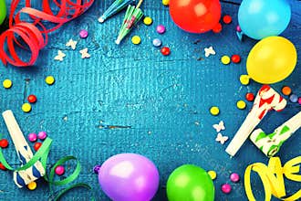 Colorful birthday frame with multicolor party items. Happy birth