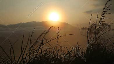 View of a foggy sunrise on the Little Adam's Peak in Ella. Ella is a beautiful small sleepy town on the southern edge of Sri