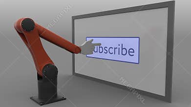 Modern robotic arm pushing Subscribe button. Automated social media promotion concept. Seamless loop, 4K clip, ProRes