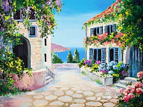 Oil painting on canvas - house near the sea