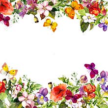 Spring, summer garden: flowers, grass, herbs, butterflies. Floral pattern. Watercolor
