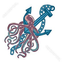 Violet cuttlefish or octopus with wavy arms sitting on sea or ocean anchor.