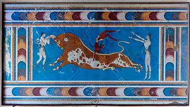 Fresco Minoan Bull Knossos Palace, Crete, Greece