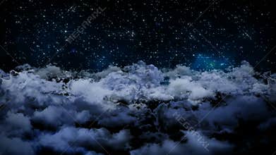 Seamless 3d animation of aerial view of cloudy night sky with clouds and star light falling with camera moving in night scene