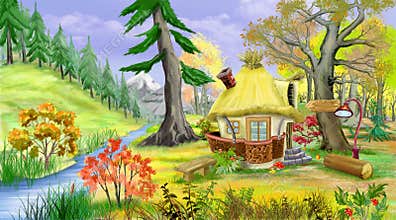 Small Fairy Tale House Near the River in the Autumn Forest
