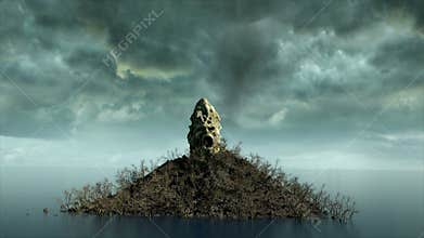 Horror island in ocean. devilish screaming skull. Halloween concept. Hell.