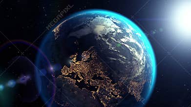 Camera flies out of sci-fi tunnel to the Earth, 3D animation.